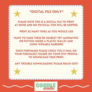 May include: A digital file only notice with a red background and white text. The text says "*DIGITAL FILE ONLY*" and includes instructions for printing and using the file. The text also says "COODLE studio".