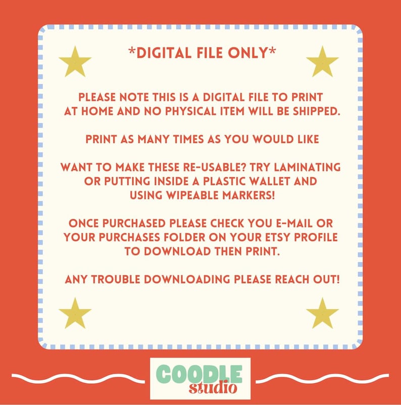 May include: A digital file only notice with a red background and white text. The text says "*DIGITAL FILE ONLY*" and includes instructions for printing and using the file. The text also says "COODLE studio".
