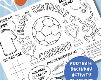 Football Birthday Colouring Placemat: Printable soccer party activity (Personalised PDF file)