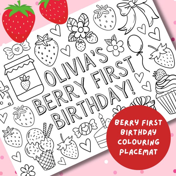 Berry First Birthday Colouring Page: Strawberry Theme Party (PDF digital download)