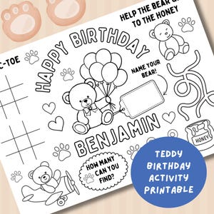 Personalised Teddy Bear Birthday colouring placemat - Teddy theme party activity printable - Teddy birthday party favours - Teddy colouring