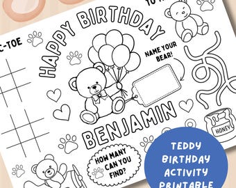 Gepersonaliseerde verjaardagskleurplaat teddybeer (digitale download)