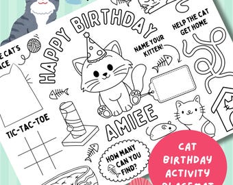 Personalised Cat Birthday Colouring Placemat: Kitten Party Activity (PDF Download A4 Size)