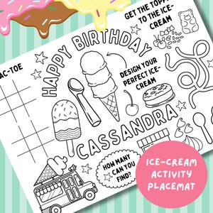 Ice-cream birthday colouring Placemat - ice cream party colouring pages  - ice cream Birthday favours - sweet treats party activity sheets