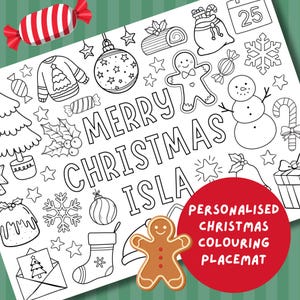 Gepersonaliseerde kerstkleurplacemat - Doosideeën voor kerstavond - Tafelactiviteit op eerste kerstdag - Feestelijk kleuren - Kerstfeest