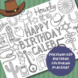 Personalised Wild West Birthday Colouring Placemat for kids (PDF Digital Download)