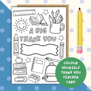 Bedankkaart voor leraar om in te kleuren - kaart onderwijsassistent - kleur zelf kaart voor school - afdrukbare lerarenkaarten - cadeau leraar