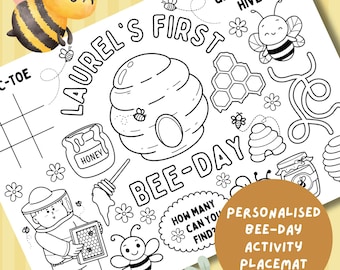 First Bee-Day Colouring Placemat: Bee theme First Birthday Activity (Personalised PDF Download)