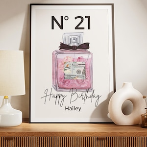 Kundenspezifisches Geburtstags-Geldgeschenk, personalisiertes Luxusparfümflaschen-Design, alles Gute zum Geburtstagplakat mit Namen, einzigartige Geldgeschenkidee für sie
