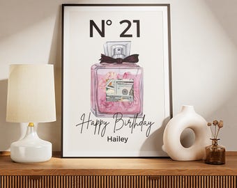 Custom Birthday Money gift, Personalized Luxury Perfume Bottle Design, Happy Birthday Poster with Name, Unique Money Gift idea for her