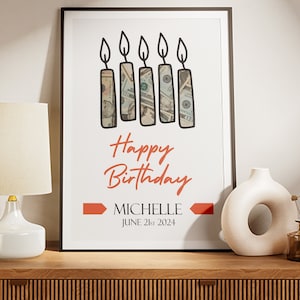 Personalisiertes Geburtstagsgeldgeschenk, Geburtstagskerzenplakat, Geldverpackung, personalisiertes Geburtstagsgeschenkplakat, Luxusschrift, digitaler Download