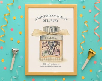 Personalized Birthday Money Gift Poster: Perfume Bottle Design (Digital Download)