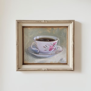 Vintage theekopje olieverfschilderij, decor landelijke keuken, high tea stilleven, originele muurkunst door Hannah Cheo | Niet ingelijste afdruk
