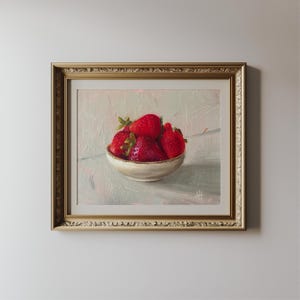Pintura al óleo de fresa, decoración de cocina rústica, bodegón de frutas, arte mural original de Hannah Cheo / Impresión sin marco