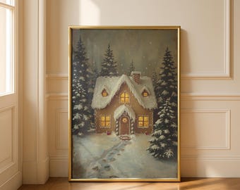 Gingerbread House Winter Cottage Print, Snowy Holiday Decor, Christmas Wall Art