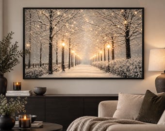 Winter Snowy Path Wall Art Print, Glowing Street Lights Poster, Christmas Winter Landscape, Neutral Bedroom Decor, Cosy Snow Scene