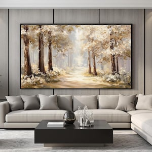 Large Neutral Woodland Wall Art, Framed or Unframed Forest Path Print, Beige Tree Landscape, Modern Farmhouse Bedroom Decor, Calm Nature