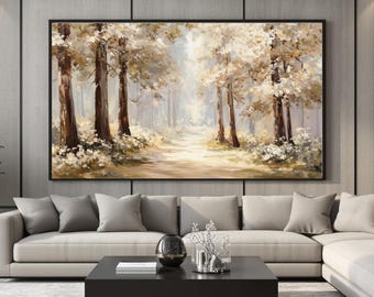 Large Neutral Woodland Wall Art, Framed or Unframed Forest Path Print, Beige Tree Landscape, Modern Farmhouse Bedroom Decor, Calm Nature