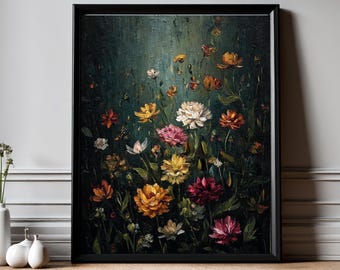Framed Vintage Wild Flowers Wall Art On a Dark Background, Floral Oil Painting Style |  Botanical Picture Shipped from UK