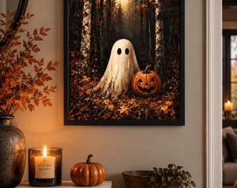 Halloween Ghost Matt Poster Print, Cute Spooky Ghost & Fall Wall Art, Pastel Halloween Decor, Autumn Print, A4 A3 Poster, Leaf