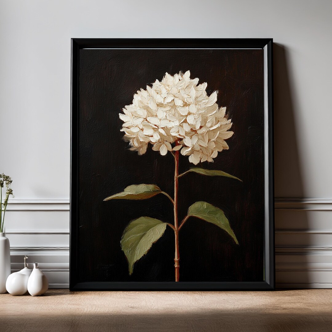 White Hydrangea Wall Art Framed | Flowers Wall Print on a Black ...