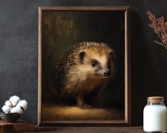 Hedgehog Wall Art Print, English Woodland Wildlife Artwork, Moody Nature Oil Painting Style, Rustic Wall Art, Framed or Unframed Print UK