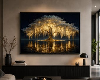 Tree Wall Art Print, Glowing Tree of Life Poster, Gold & Navy Wall Art, Framed or Unframed Print, Luxury Home Decor