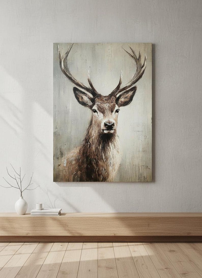 May include: A canvas print of a majestic deer with large antlers. The artwork features a detailed painting of the deer's head and upper body, with a neutral background. The color palette includes shades of brown, beige, and gray, creating a rustic aesthetic.