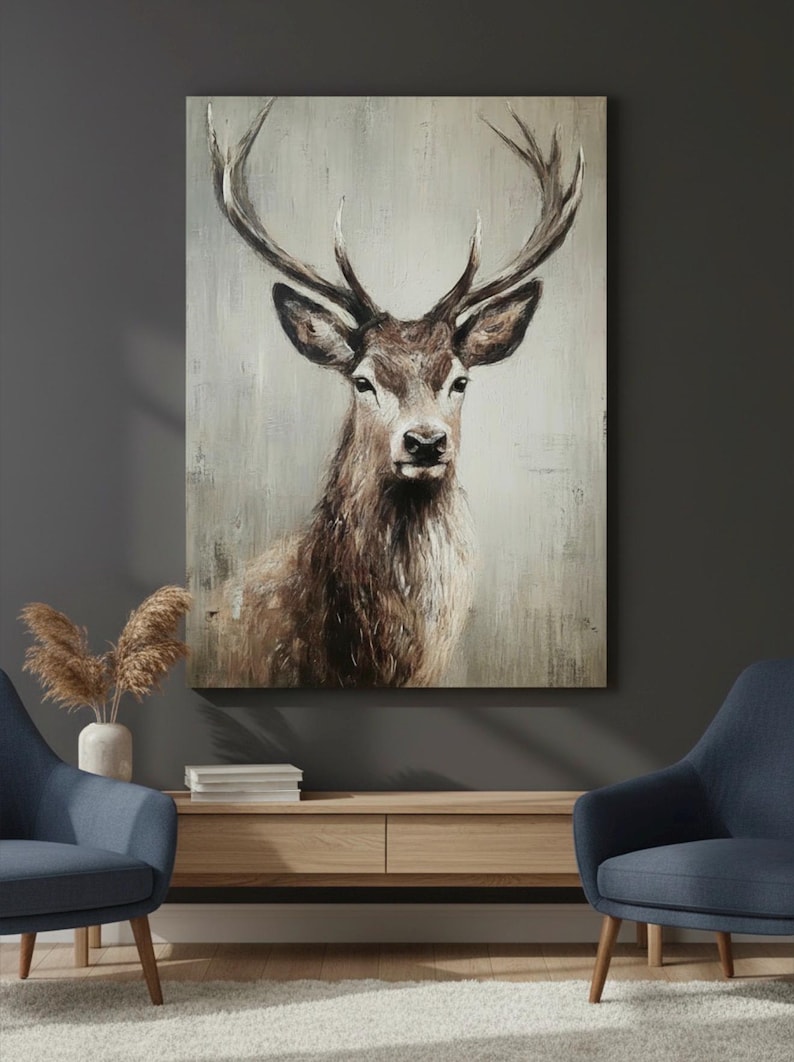 May include: A rectangular canvas print featuring a detailed portrait of a deer with large antlers. The artwork uses a muted color palette of browns and grays, creating a rustic and natural aesthetic. The deer is centered, with a focus on its face and antlers.