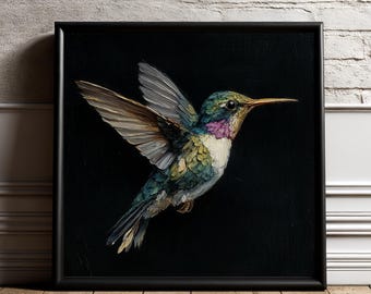 Hummingbird Wall Art Print, Square Botanical Bird Painting, Dark Floral Wildlife Art, Modern Nature Decor | Gift For Her | Framed picture