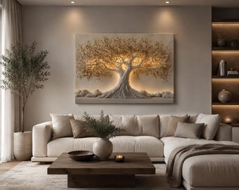 Tree of Life Canvas Wall Art | Neutral Beige Gold Canvas Print | Horizontal Wall Art | Modern Living Room Decor | Ready to Hang UK 16x20
