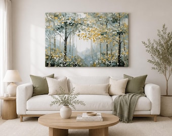 Abstract Forest Canvas Wall Art | Sage Green Woodland Tree Print | Neutral Landscape Canvas | Large Living Room Wall Decor Bedroom Art 60x90