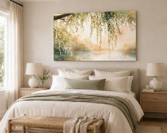 Willow Lake Canvas Wall Art | Sage Green Landscape Print | Neutral Nature Wall Decor | Large Living Room Artwork | Bedroom Picture