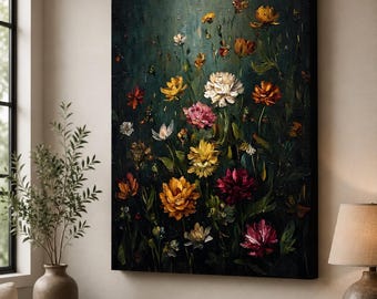 Moody Floral Canvas Wall Art, Dark Botanical Flower Painting, Vintage Oil Painting Style, Colourful Wildflower Canvas Cottagecore Wall Decor