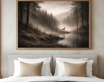 Large Moody Woodland Deer Wall Art, Neutral Forest Landscape Print, Rustic Stag Silhouette, Masculine Living Room Decor, Highland