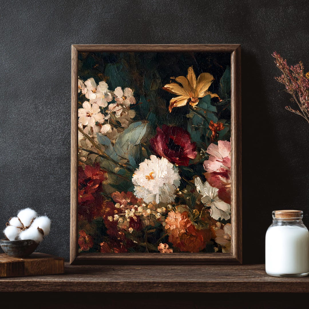 Vintage Floral Oil Painting Print | Moody Botanical Wall Art | Burgundy ...
