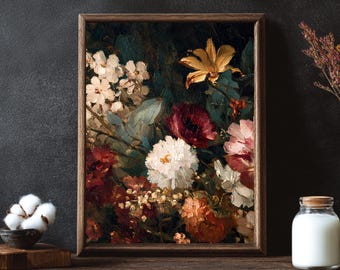 Vintage Floral Oil Painting Print | Moody Botanical Wall Art | Burgundy & Cream, Teal Flowers | Framed or Unframed Art Print
