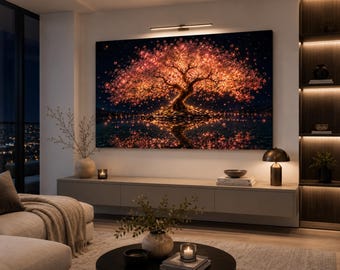 Cherry Blossom Canvas Wall Art, Glowing Tree of Life Print, Pink Blossom Canvas, Japanese Inspired Wall Decor, Night Landscape Art