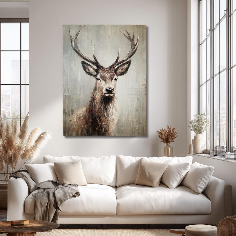 May include: A large canvas art print featuring a detailed portrait of a deer with large antlers. The deer is painted in shades of brown and tan against a textured, neutral background. The artwork is displayed above a white sofa in a well-lit room.