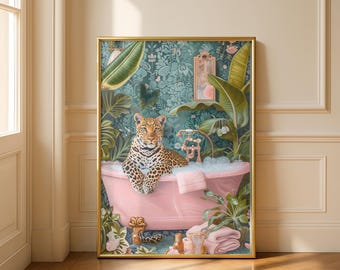 Cheetah in Bath Framed Art Print | Botanical Wall Decor