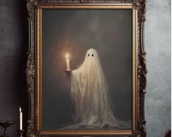 Vintage Ghost Wall Art Print, Gothic Halloween Decor, Candle Ghost Painting, Dark Academia Art, Spooky Victorian Wall Decor