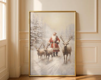 Vintage Father Christmas Wall Art Print, Reindeer, Santa, Winter Scene Framed Picture