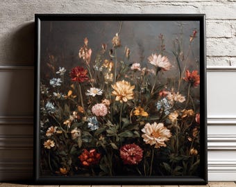 Framed Vintage Flowers Wall Art On a Black Background | Pink Colourful Floral Print UK
