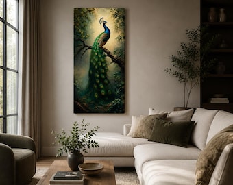 Peacock Canvas Wall Art, Vintage Peacock Painting, Green Botanical Wall Decor, Moody Bird Artwork, Elegant Nature Canvas Print