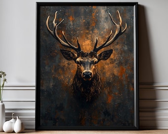 Stag Head Wall art for home | Large Framed Print | Moody Dark Pictures Poster