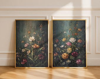 Moody Floral Wall Art Set of 2 Prints | Dark Floral Oil Painting Style | Vintage Botanical Decor | Bedroom Wall Art | Living Room Decor