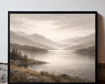 Scottish Highland Landscape Wall Art, Loch Lomond Print, Neutral Masculine Home Decor, Modern Mountain Artwork, Large Horizontal Picture