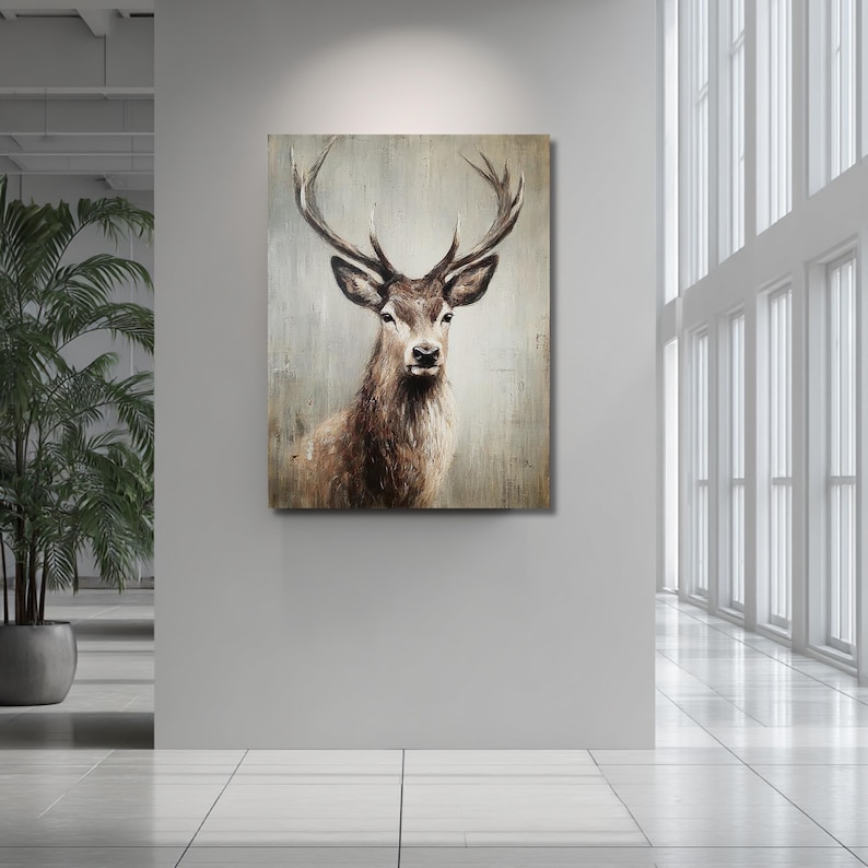 May include: A framed canvas art print featuring a detailed portrait of a deer with large antlers. The artwork uses a muted color palette of browns and grays, creating a rustic and natural aesthetic. The deer is centered, looking directly at the viewer.