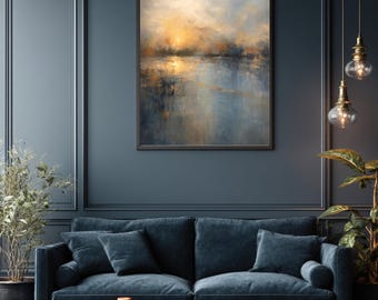 Framed Abstract Wall Art, Sunset and Sea Landscape Print, Blue and Gold Modern Painting, Neutral Coastal Wall Decor, Matte Art Print
