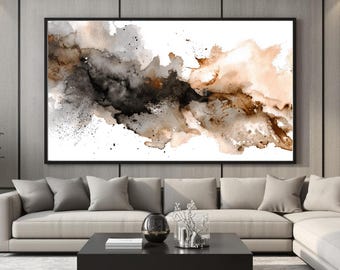 Large Neutral Abstract Wall Art, Watercolour Black and Brown Modern Painting Print, Masculine Statement, Contemporary Horizontal Home Decor